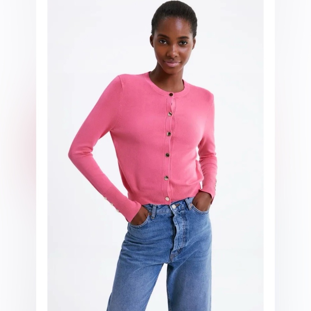 Zara long-sleeve knit cardigan pink gold buttons Size Large
